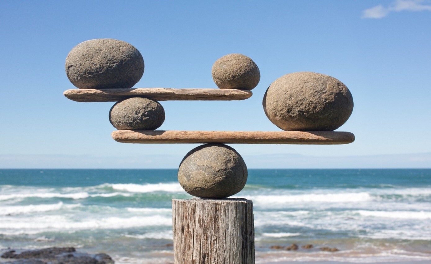 rocks stacked on driftwood with the sea in the background